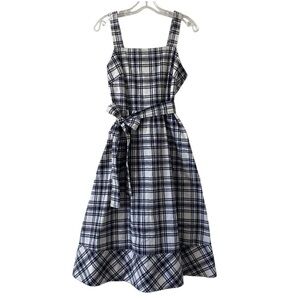 Ann Taylor Plaid Tie Waist Flare Midi Dress
